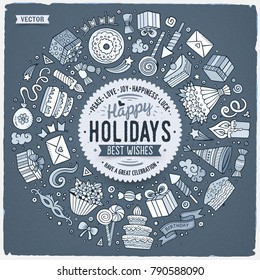 Monochrome vector hand drawn set of Holidays cartoon doodle objects, symbols and items. Round frame composition