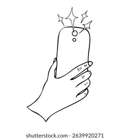 Monochrome vector hand holding smartphone taking photo, with flash bursting into stars illustration. Selfie, photo simple line art for photography themes, social media content, creative projects,