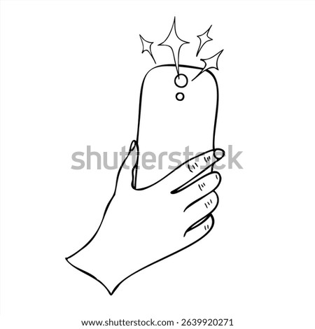 Monochrome vector hand holding smartphone taking photo, with flash bursting into stars illustration. Selfie, photo simple line art for photography themes, social media content, creative projects,