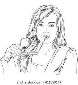 Monochrome vector hand-drawn art image, young woman holds eyeglasses. Black and white illustration of confident smart girl, business lady.