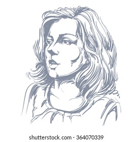 Monochrome vector hand-drawn image, amazed young woman. Black and white illustration of white skin serious girl.
