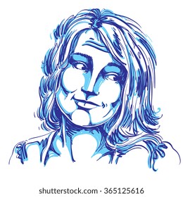 Monochrome vector hand-drawn image, blameworthy young woman. Black and white illustration of regretful girl. I feel sorry about it.