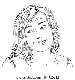 Einfarbige, handgezeichnete Vektorgrafik, schändliche junge Frau. Schwarz-Weiß-Illustration des bedauernswerten Mädchens. Das tut mir leid.