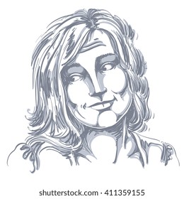 Monochrome vector hand-drawn image, blameworthy young woman. Black and white illustration of regretful girl. I feel sorry about it.
