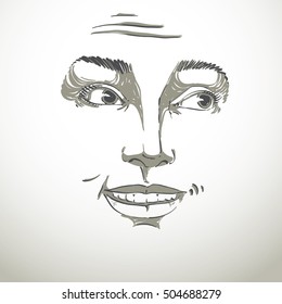 Monochrome vector hand-drawn image, blameworthy young woman. Black and white illustration of regretful girl. Mask, I feel sorry about it.