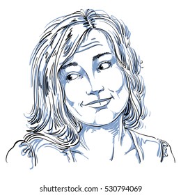 Monochrome vector hand-drawn image, blameworthy young woman. Black and white illustration of regretful girl. I feel sorry about it.