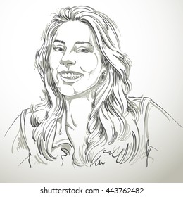 Monochrome vector hand-drawn image, happy smiling young woman. Black and white illustration of glad or jolly girl with beautiful long wavy hair.