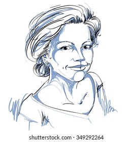 Imagen monocroma de vector dibujada a mano, joven romántica. Ilustración en blanco y negro de una chica pensativa.