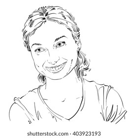 Monochrome vector hand-drawn image, romantic young woman smiling. Black and white illustration of glad girl, positive emotions.