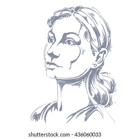 Monochrome vector hand-drawn image, romantic young woman. Black and white illustration of contemplative girl.