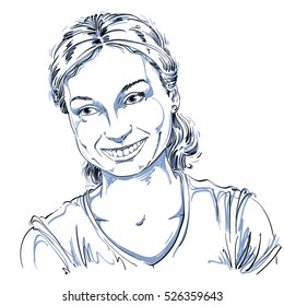 Monochrome vector hand-drawn image, romantic young woman smiling. Black and white illustration of glad girl, positive emotions.