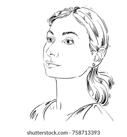 Monochrome vector hand-drawn image, romantic young woman. Black and white illustration of contemplative girl.