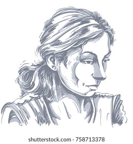 Monochrome vector hand-drawn image, sad or depressed young woman. Black and white illustration of melancholic girl, face expressions.