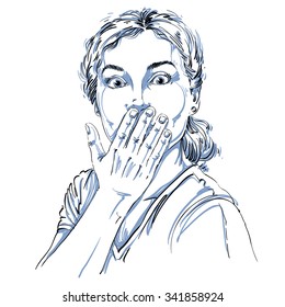 Monochrome vector hand-drawn image, shocked young woman. Black and white illustration of amazed girl holding her hand close to mouth.