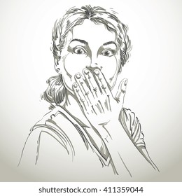 Monochrome vector hand-drawn image, shocked young woman. Black and white illustration of amazed girl holding her hand close to mouth.