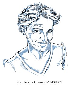 Monochrome vector hand-drawn image, skeptic young woman. Black and white illustration of tricky girl with short hair.
