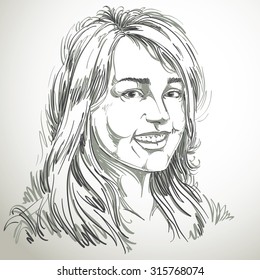 Monochrome vector hand-drawn image, smiling glad young woman. Black and white illustration of jolly sincere girl with delicate features.