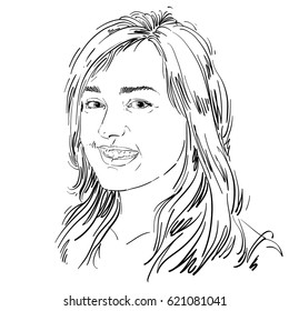 Monochrome vector hand-drawn image, smiling glad young woman. Black and white illustration of jolly sincere girl with delicate features.