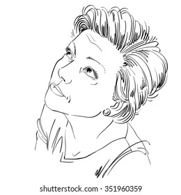 Einfarbige, handgezeichnete Vektorgrafik, junge Frau bedauert etwas. Schwarz-Weiß-Illustration von beschämendem naiven Mädchen.