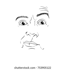 Monochrome vector hand-drawn image, young man in doubt, disbeliever. Black and white illustration of skeptic guy, features of visage.