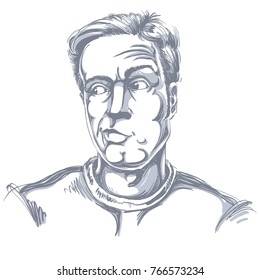 Monochrome vector hand-drawn image, young man in doubt, disbeliever. Black and white illustration of skeptic guy.