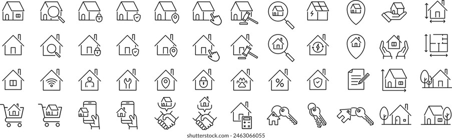 monochrome, vector, house, line drawing, icon set