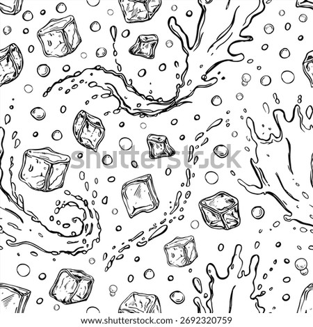 Monochrome vector ice cubes  seamless pattern painted by black inks. Etching drawing of frozen juice or water cube with drops for beverage branding, cocktail menus, food blogs, summer promotion