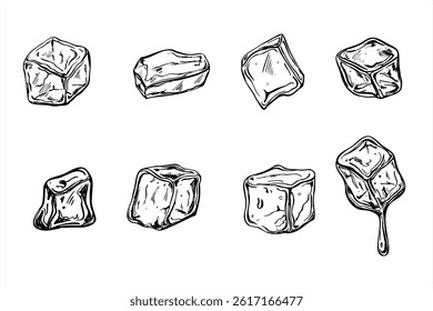 Cubos de gelo de vetor monocromático ilustração conjunto pintado por tintas pretas. Desenho de gravura de suco congelado ou cubo de água com gotas para marca de bebidas, menus de coquetel, blogs gastronômicos, promoção de verão
