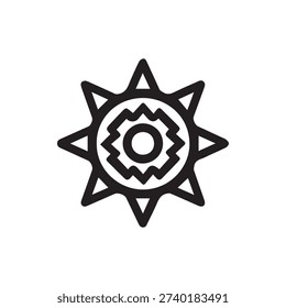 Monochrome vector icon of an abstract eight-pointed star or sunburst. The design has a tribal aesthetic with a central circle and a jagged inner ring.