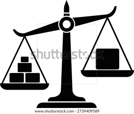 Monochrome vector icon of a balance scale The scale features a centered symmetrical composition The base is a flat horizontally elongated capsule shape supporting a short stout column with a rounded bottom and a cylindrical segment near the top This supports a horizontal beam with triangular pans suspended on either side by two lines each The left pan contains three stacked squares while the right pan holds one single square The silhouette is clean with balanced negative space rendered in solid black fill against a white background