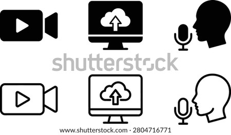 monochrome vector icon collection with video, cloud upload, microphone, and head