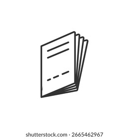 Un ícono de Vector monocromo que representa un folleto con múltiples páginas, con líneas simples y Formas en blanco y negro.