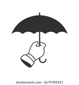 Icono de Vector monocromo de un paraguas abierto sostenido en una mano, que simboliza la protección contra la lluvia, la seguridad del Clima y el refugio en un diseño minimalista simple.