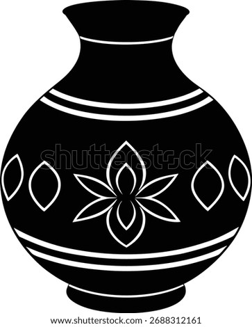 Monochrome vector icon of the Purna Kalash a sacred Hindu symbol representing abundance prosperity and new beginnings perfect for Indian festival Diwali Pooja and wedding designs.
