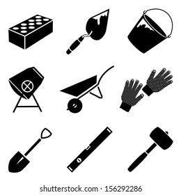 Monochrome vector icon set of building implements