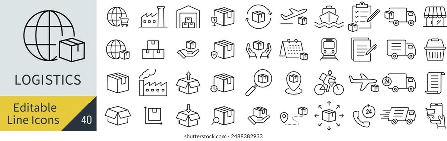 Conjunto de iconos de Vector monocromo relacionados con la logística en el dibujo lineal