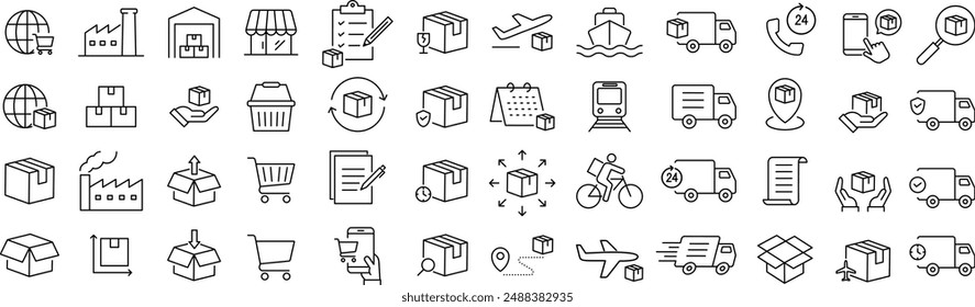 A monochrome vector icon set related to logistics in line drawing
