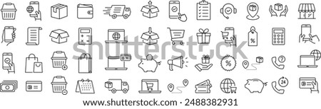 a monochrome vector icon set related to shopping in line drawing