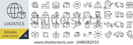 A monochrome vector icon set related to logistics in line drawing