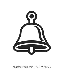 Monochrome vector icon shows a simple black hanging bell silhouette on a white background. Useful as a graphic, clip art, sign, or simple representation.