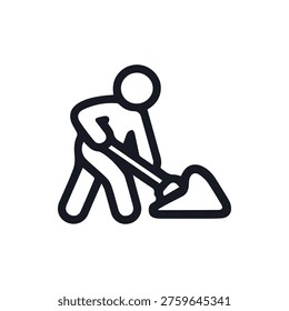 Monochrome vector icon of a worker shoveling. A clean and modern symbol for construction, manual labor, groundwork, and building projects.