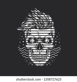 Monochrome vector illustration in abstract style. Hipster skull, sea and palm trees