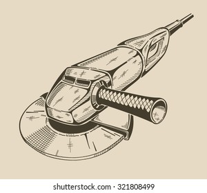 Es ist eine monochrome Vektorgrafik eines Winkelschleifers.