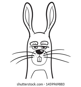 monochrome vector illustration of a annoyed rabbit with long ears, who looks bored. scribble, outline, comic, ink, sketch, doodle, vector, line, cartoon, black, white, drawing, stroke.