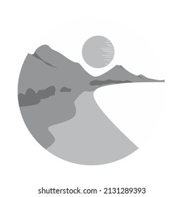 monochrome vector illustration. Beach and mountain scenery, , suitable for screen printing, posters, logos.