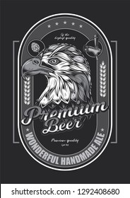 Monochrome vector illustration of Beer label with American eagle in vintage style