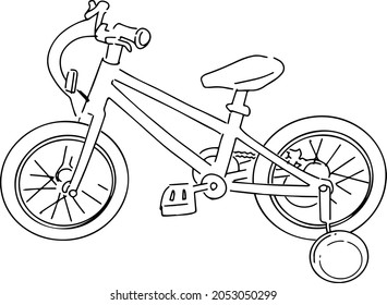 Monochrome vector illustration of bicycle, children's bicycle with training wheels