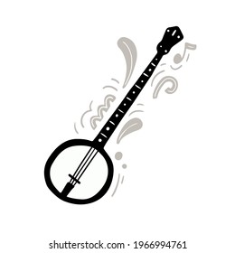 Monochrome vector illustration of black and white traditional banjo hand drawn with minimalist flat style amidst creative abstract ornaments and notes playing energetic music