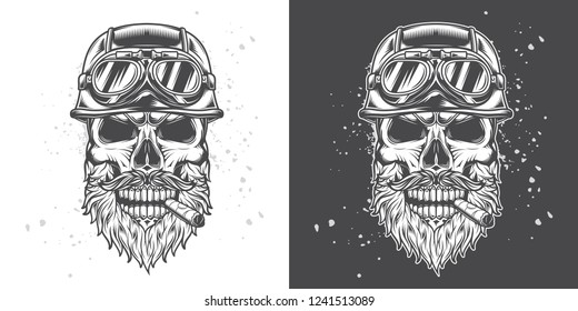 Monochrome vector illustration. Brutal skull biker motorcycle helmet with beard and moustache, with a cigar in his mouth.