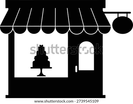 Monochrome vector illustration of a cake shop facade. This simple icon features a tiered cake in the display window, an awning, and a blank round sign.